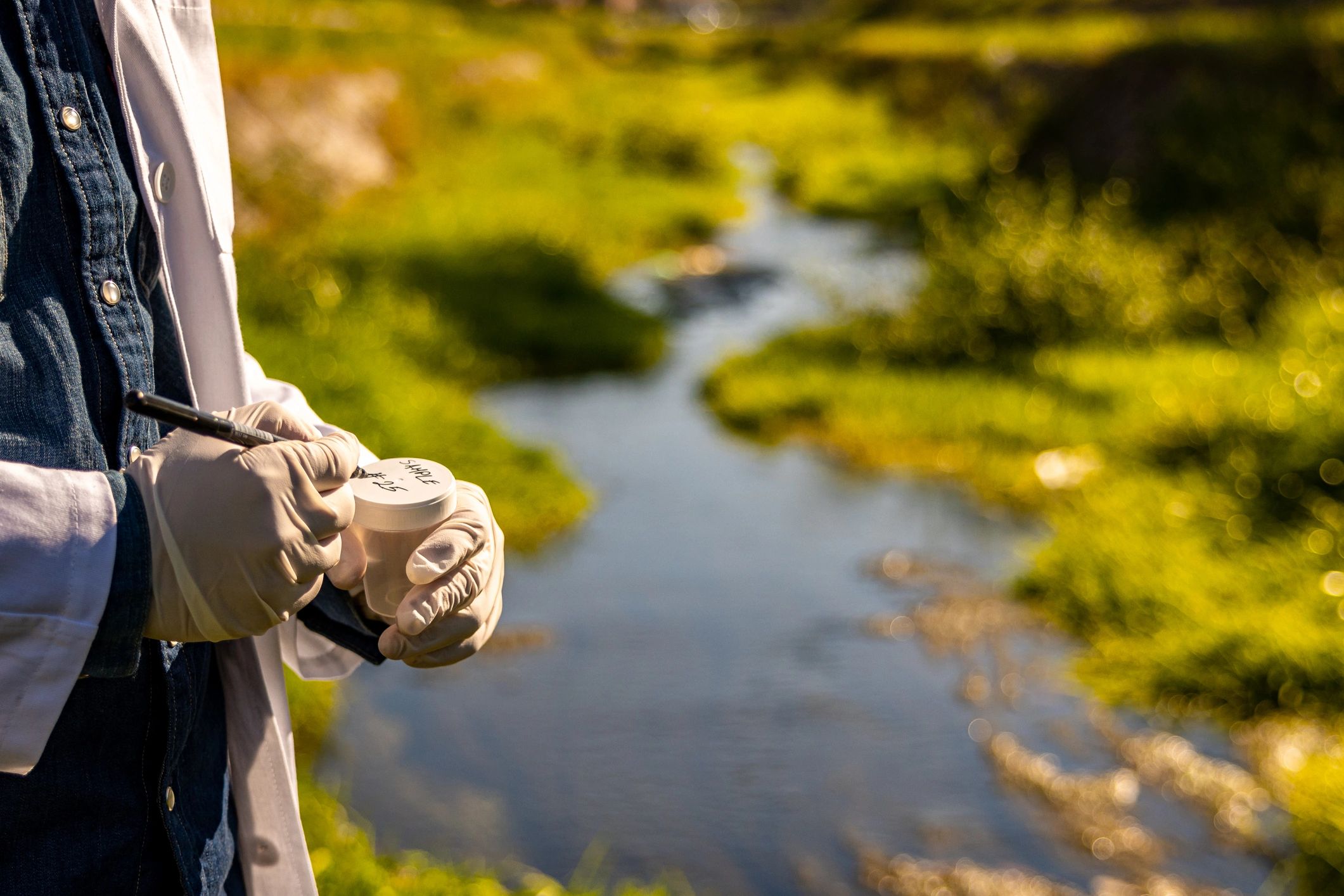 Technician collecting an environmental water sample in the field