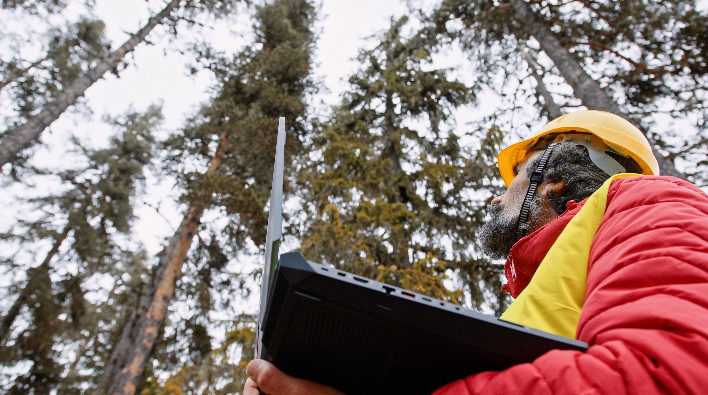 Environmental field scientist collecting observations near a forested lake