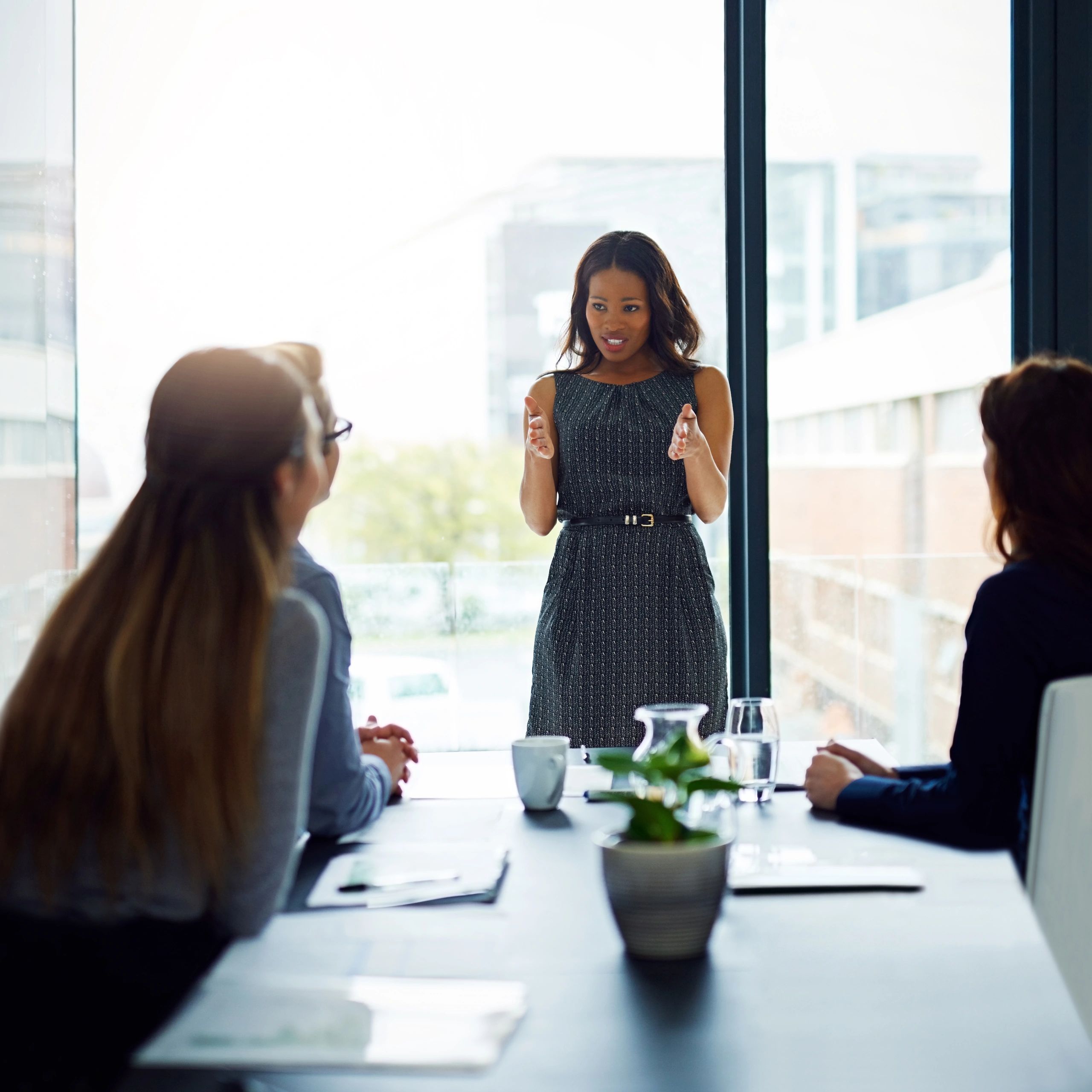 Presenter speaking to colleagues in a boardroom